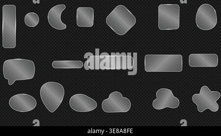 Collection of transparent glass UI shapes and interface elements isolated on dark background for modern web and app design Stock Vector