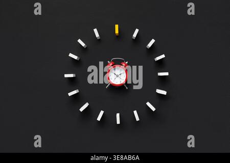 Red alarm clock surrounded with wooden blocks, yellow on top Stock Photo