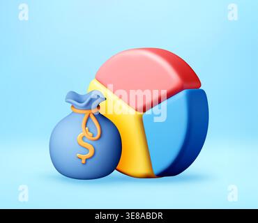 3d money bag with dollar sign and pie chart. Stock Vector