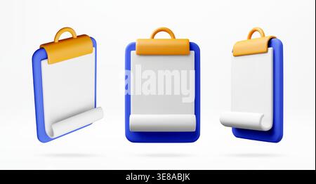 Blue clipboard with white paper sheet in 3D style. Stock Vector
