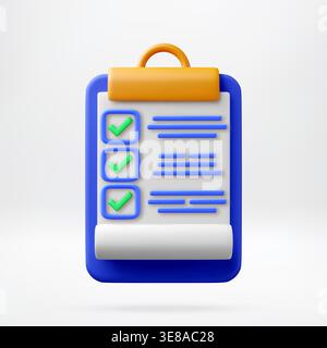 3D Clipboard with checklist and completed task marks. Stock Vector