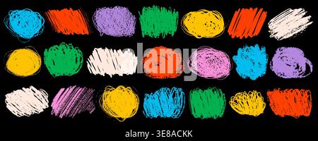 Crayon highlight scribble box in bright blue orange purple green yellow and pink on black background. Crayon line highlight shapes in rough pen Stock Vector