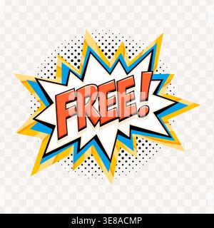 Comic style free offer starburst badge with bold red lettering, layered blue and yellow burst shapes and halftone dots. Eye catching promo sticker in Stock Vector