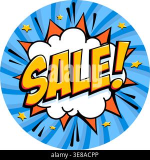Round sale badge in playful comic style with red lettering on white cloud shape, framed by blue spikes and sparkling star accents on a spiral Stock Vector