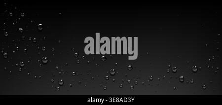 Wet glass surface with water droplets on black background for modern minimalist design. Clear condensation beads and scattered moisture drops. Dark elegant texture with realistic liquid elements. Stock Vector