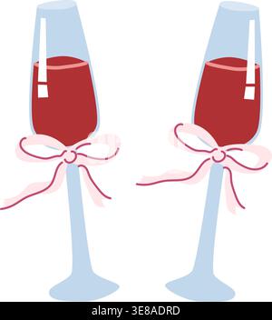 Two champagne glasses decorated with vintage bows in coquette flat style. Sparkling drink for celebration, festive party concept, flat vector clipart Stock Vector