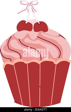 Retro cupcake with cherry on top, decorated with whipped cream and cute bow. Sweet dessert in colorful paper cup. Flat vector icon isolated on white. Stock Vector