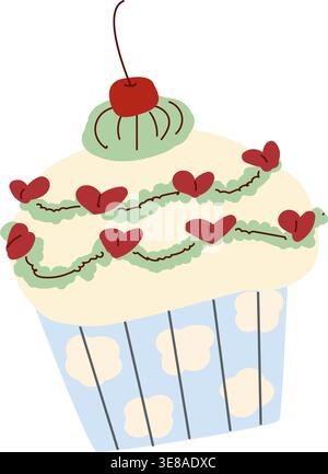 Coquettish cherry cupcake in retro style, creamy frosting, decorative topping hearts. Small baked muffin in paper wrapper, vector illustration, isolat Stock Vector