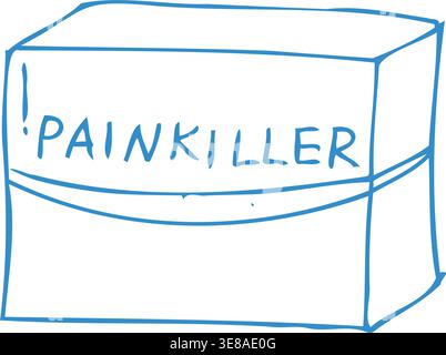 Blue Doodle style painkiller medicine icon. Hand drawn linear vector illustration of pharmaceutical box for analgesic drugs isolated on white. Stock Vector