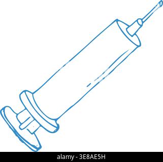 Hand drawn line art of a medical syringe. Simple doodle style vaccine and pharmaceutical symbol. Outline doodle vector illustration isolated on white Stock Vector