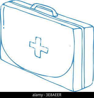 Blue outline isometric Medical first aid case icon. Doodle medical suitcase isolated, vector illustration. Stock Vector