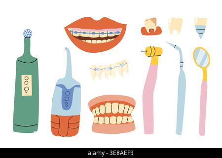 Dentistry concept with dental tools and teeth cleaning items. Flat vector illustration in cartoon style, oral care products for hygiene and treatment Stock Vector