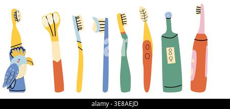 Set of toothbrushes in cartoon flat style. Electric toothbrush, 3D brush and various shapes. Colorful oral care collection, dental hygiene concept, ve Stock Vector
