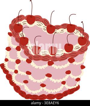 Cherry topped vintage cake in heart shape and retro charm. Cartoon flat style with cute coquettish mood and doodle cherry elements, isolated on white. Stock Vector