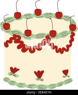 Decorative retro cake with cherries and creamy ornaments. Coquettish vintage inspired flat illustration with doodle style touches, isolated on white background. Stock Vector