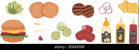 Hamburger ingredients set, top view. Cartoon flat vector illustration isolated on white. Burger set with mustard, ketchup and mayonnaise sauce set. Grilled meat, burger buns and vegetables. Stock Vector