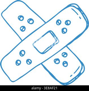 Hand drawn adhesive bandage, care symbol isolated on white. Doodle outline style vector illustration. Pattern of medical plaster, elastic tape icon in simple linear design. Stock Vector