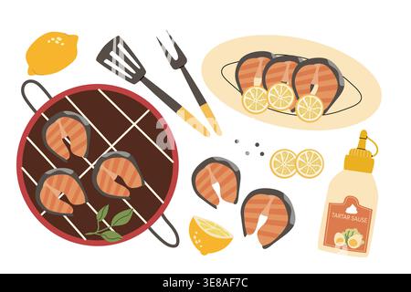 Outdoor barbecue fish on grill set: grill, fish, lemon, tartar sauce and kitchen BBQ tools. Cartoon BBQ collection for cooking on open fire, perfect for stickers and picnic visuals. Stock Vector