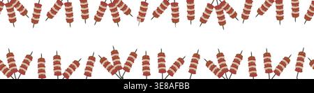BBQ kebab border isolated on white. Barbeque meat kebab on skewer. Vector illustration in cartoon flat style. Stock Vector