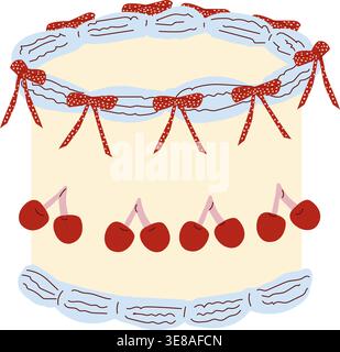 Retro style cake with cherries and bows, elegant and richly decorated. Cute coquette cartoon flat design with soft details, isolated on white background. Stock Vector
