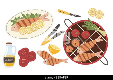 Grilled fish vector set. Cartoon flat illustration isolated on white. barbecue fish set with tools, vinegar and vegetables Stock Vector