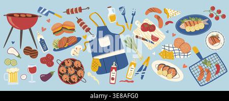 Cartoon BBQ grill food elements set. Vector illustration of grilled meat, fish, sausages, vegetables, hamburger and tools. Vector collection for barbecue party, menu design and picnic. Stock Vector