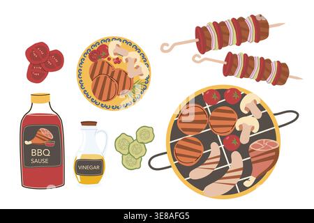 Outdoor barbecue elements collection: grill, steak, meat, cucumber and tomato, kebab. Cartoon retro style BBQ food set isolated. Stock Vector