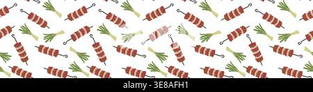BBQ kebab and onion seamless pattern isolated on white. Cartoon flat illustration. Kebab border, summer print. Stock Vector