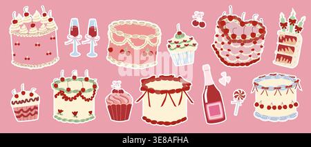 Coquette cherry cake and sweet cupcakes, wedding retro romantic element sticker set on pink background. Vintage pink cherry dessert collection with wine. Cartoon stickers of retro cakes. Stock Vector