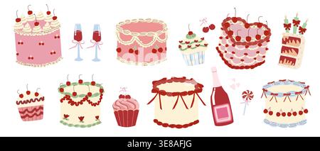Retro cakes and desserts with cherry sticker set. Coquette cherry vintage cakes, cupcakes collection with wine glass, bottle with candy and bows. Cartoon flat illustration isolated on white. Stock Vector