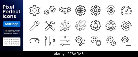 Gear, cogwheel line icons set. App settings button, slider, wrench tool, fix concept minimal vector illustrations. Simple flat outline signs for Stock Vector