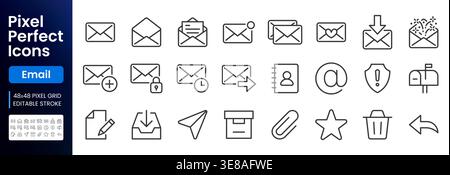 Email, communication line icons set. Envelope, inbox, paper plane, mail notification, contact book, attachment, secure message minimal vector Stock Vector