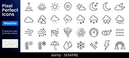 Weather forecast line icons set. Sun, rain, thunder storm, wind, snow cloud, moon, UV index minimal vector illustrations. Simple flat outline signs Stock Vector
