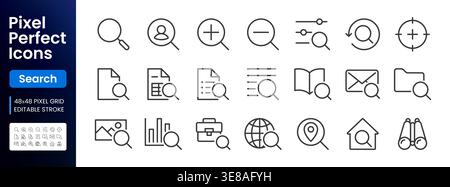 Search line icons set. Zoom, find document, magnify glass symbol, look tool, binoculars minimal vector illustrations. Simple flat outline signs for Stock Vector