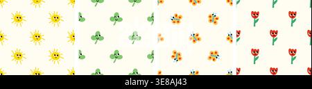 Colorful seamless patterns featuring suns, clovers, butterflies, and tulips. Stock Vector
