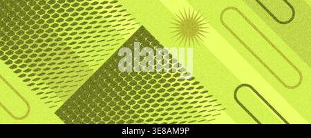 Abstract Brutalism Background with Dynamic Halftone Transition and Geometric Shapes on Yellow Background with Textured Effect Stock Vector