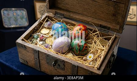 Generative AI image of a rustic wooden treasure chest filled with decorative painted eggs, straw, pearls, coins, crystals, and a small flower on a dar Stock Photo
