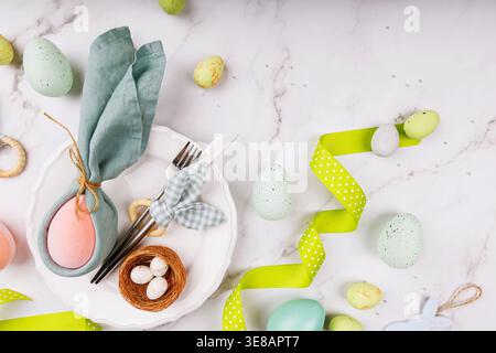 Pastel Easter Flat Lay with Ribbon and Tableware Stock Photo