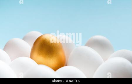 Unique Collection of Eggs Featuring One Gold Egg in a Nest of White Eggs on a Blue Background Stock Photo