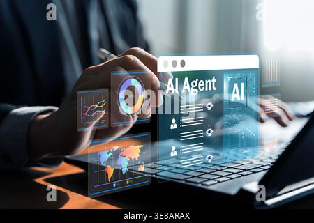 Close-up of a professional using a stylus on a laptop with an AI agent interface and floating charts, illustrating automation, intelligent assistance, Stock Photo