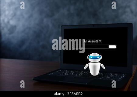 Laptop displaying an AI assistant loading screen with a chatbot robot icon, representing virtual support, automation, software startup, machine learni Stock Photo