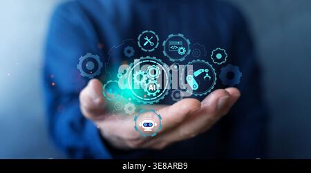 A hand presents a futuristic AI automation interface with gears, robotics, and software icons, illustrating intelligent process control, industrial in Stock Photo