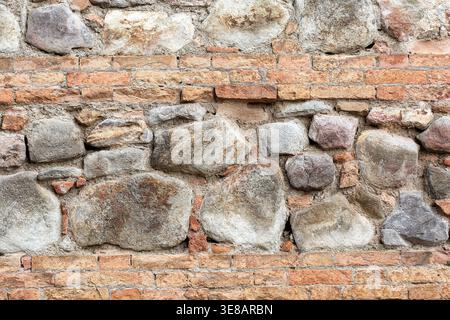 Close-up view of a textured stone wall composed of various stones and bricks, showcasing a rustic design with earthy tones and natural irregularities Stock Photo