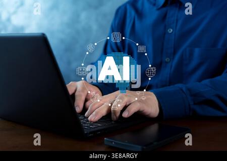 Close-up of a professional typing on a laptop with an AI interface and tech icons, representing automation, machine learning, digital workflow, and in Stock Photo
