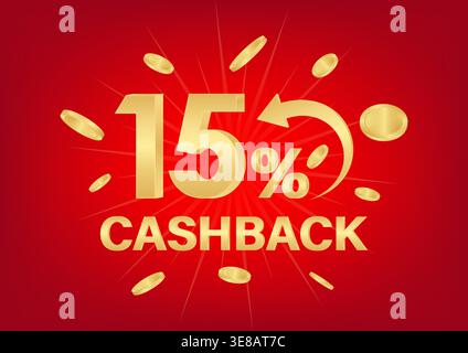 Cash Back or Money Refund. 15% Cash Back Offer for Discount. Online Shopping Concept. Vector Illustration. Stock Vector