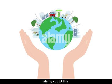 Hand Holding Earth. Save the World. Save Energy. Eco Friendly and Green Energy Concept. Stock Vector