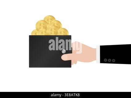 Hand Holding Money Wallet with Golden Coin. Saving Money Concept. Vector Illustration. Stock Vector
