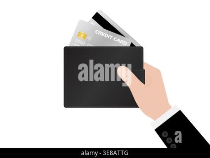 Hand Holding Money Wallet with Credit Card. Saving Money Concept. Vector Illustration. Stock Vector