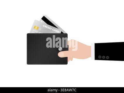 Hand Holding Money Wallet with Credit Card. Saving Money Concept. Vector Illustration. Stock Vector