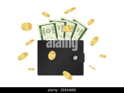 Money Wallet with Dollar Banknote and Golden Coin. Saving Money Concept. Vector Illustration. Stock Vector